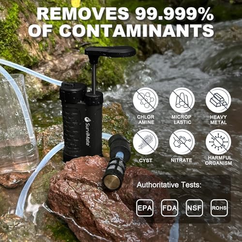 SurviMate Water Purifier Survival Pump，0.01 Micron 5-Stage Water Purifier System，Hand Pump Water Filter Portable Outdoor Emergency，Camping, Hiking, Backpacking - Image 5