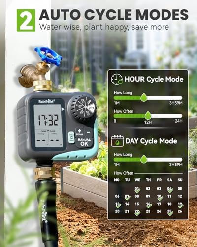 RAINPOINT Sprinkler Timer for Garden Hose - Hose Timer with Cycle & Soak/Rain Delay/Automatic Watering/Manual Watering, Programmable Irrigation System with Large Display for Lawn, Yard, Brass Inlet - Image 6