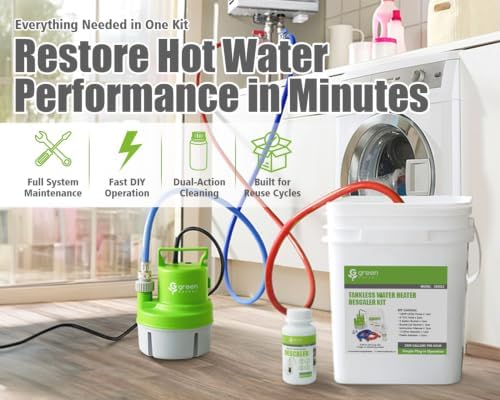 Green Expert Tankless Water Heater Flushing&Descaling Kit with Powder Descaler, 1/3HP Utility Pump for Circulation, 3-Gallon Bucket, 3/4"GHT Red&Blue Hoses for Isolation Valves Cleaning/Maintenance - Image 2