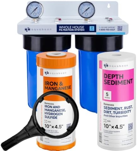 Aquaboon 2-Stage Water Filter System for Well Water with 5 Micron 10x4.5 Reducing Sediment and Iron & Manganese Water Purification Filters, Pressure Gauges, Wrench, Iron Bracket by Aquaboon