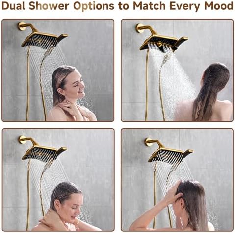 BRIGHT SHOWERS Dual Shower Head with Handheld, High Pressure Rainfall Shower Head Combo, 60-Inch Stainless Steel Hose, Brushed Gold - Image 4
