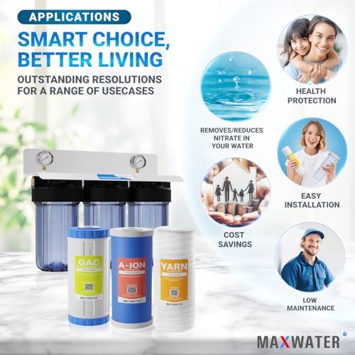 Max Water 3 Stage (Sediment, Tannin/Nitrate, Odor & Improving Taste) Whole House (10 inch x 4.5 inch), Water Filtration System with Double O Ring Housing - Sediment + Anion + GAC - 1" Inlet/Outlet - Image 6