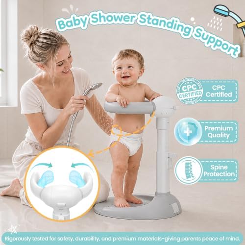 Baby Shower Stand with Anti-Pinch Silicone & Anti-Slip Base, Foldable Baby Bath Stand, Adjustable Height Soporte para Bañera de Bebé Assist Holder for 8-36 Months Toddler, Ideal Gift - Image 3