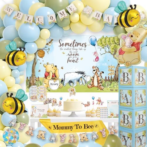 271 Pc Classic Winnie Baby Shower Decorations for Boy – All-In-1 Blue Pooh Baby Shower Balloon Arch, Vintage Pooh Bear Theme Party Decoration Kit with Backdrop, Banners, Baby Boxes, Sash & Table Décor by RegalDecorations