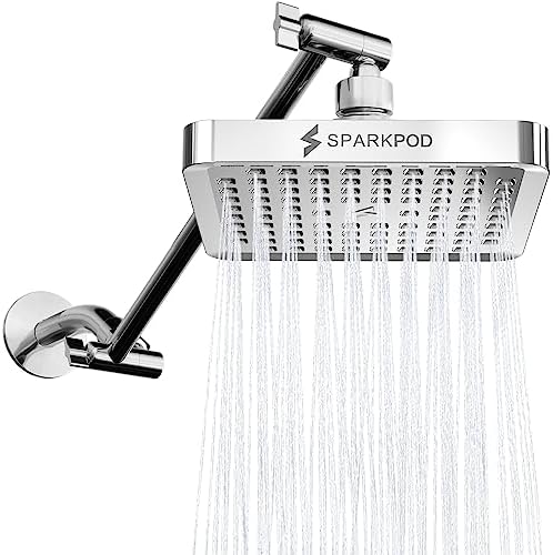 SparkPod Square Rain Shower Head with Extension Arm - Height Adjustable Shower Head with High Pressure Performance - Easy 1-Minute Installation (6" Square, Luxury Polished Chrome) by SparkPod