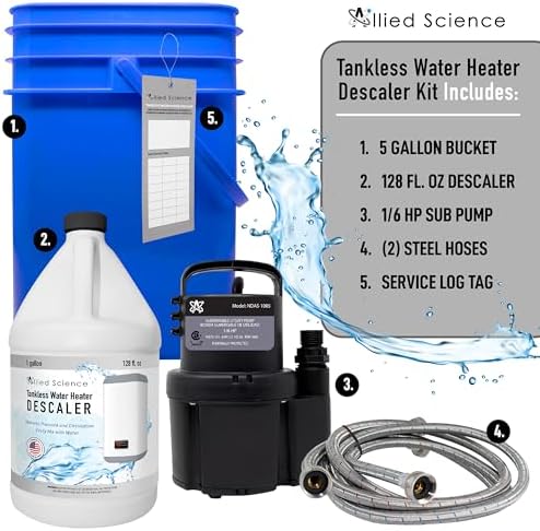 Allied Science Tankless Water Heater Flushing Kit with Square 5-Gallon Bucket, Steel Hoses, 1/6 HP Pump, and Gallon Eco-Friendly Descaler - Image 2