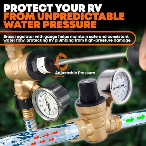 RV Fresh Water Kit - RV Water Pressure Regulator, Inline Water Filter, Hose Splitter, Brass Elbow, Flexible Connector, Hose Quick Connects, Leak Repair Kit, and Carrying Case - Image 5