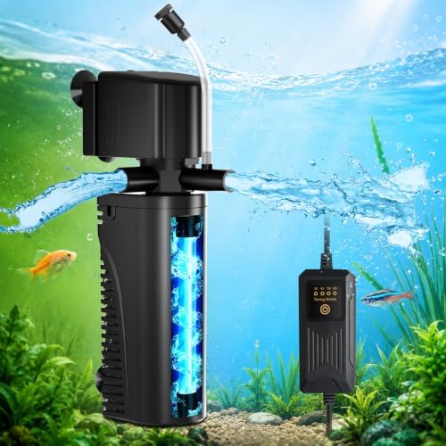 Aquarium U-V Filter for Green Water, Fish Tank Filter with U-V Light & Timer, Turtle Tank Filter with Dual Outlet & Aeration, for 10-30 Gallon Freshwater & Saltwater by Devopet