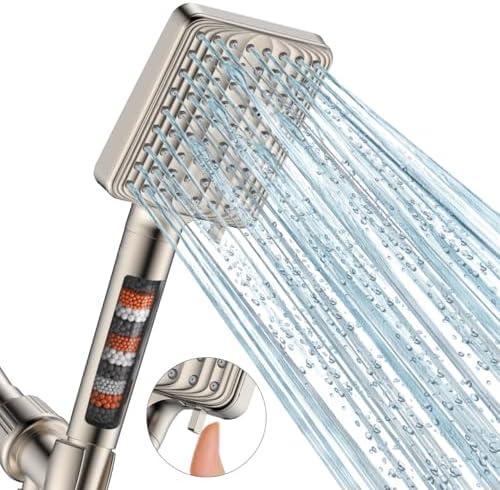 Filtered Shower Head - 6 Modes High Pressure Handheld Shower Head with Filter Mineral Beads, Detachable Handheld Showerhead Set with Stainless Steel Hose and Shower Arm Bracket (Brushed Nickel) by MakeFit