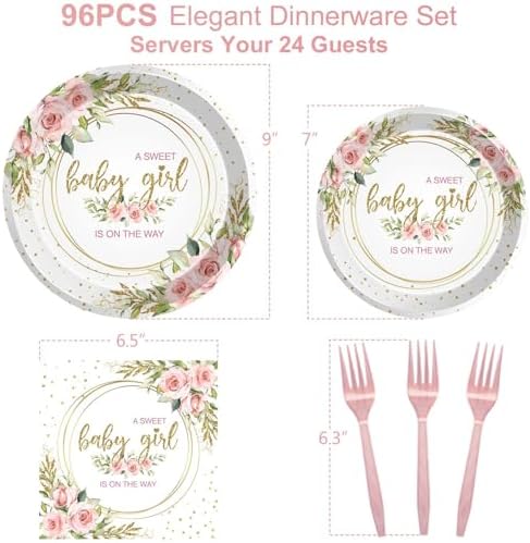 96 Pcs Sweet Baby Girl Party Tableware Set It's a Girl Baby Shower Disposable Paper Plates and Napkins Watercolor Pink Floral Girl Baby Shower Party Supplies for 24 Guests - Image 2