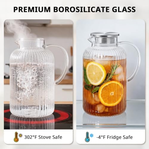 Bivvclaz 2.6 Liter 88 oz Stripes Glass Pitcher with Lid and Handle - Image 6