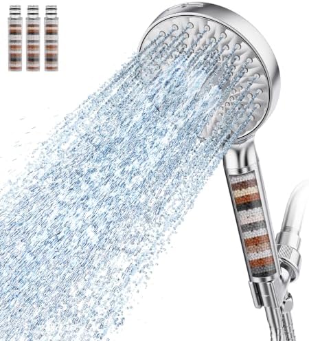 SR SUN RISE Filtered Shower Head with Handheld High Pressure 9 Spray Mode Showerhead Detachable Shower Head Water Softener Filters Beads for Hard Water Remove Chlorine 4 Filters Bright Silver by SRSUNRISE