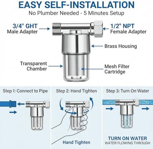 40 Micron Brass Sediment Filter, Inline Spin Down Sediment Water Filter for Washer, Washing Machine, Shower, Garden Hose, Well Water, Anti Clogging & Reusable with Pipe Sealant Tape-Electro galvanized - Image 4