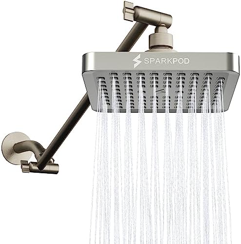 SparkPod Square Rain Shower Head with Extension Arm - Height Adjustable Shower Head with High Pressure Performance - Easy 1-Minute Installation (6" Square, Elegant Brushed Nickel) by SparkPod