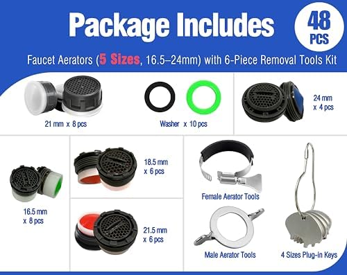Faucet Aerator Kit for Kitchen & Bathroom,32PCS in 5 Sizes + 6 Aerator Keys - Image 5
