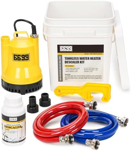 Tankless Water Heater Flushing Kit Includes 1100GPH Submersible Sump Pump with Two Adapters & Cleaner & 3 Gallons Pail with Bucket Lid Opener & Two 1/2” Dia X 6' Hoses SUB 1100 Flush Kit by Volcanorproducts