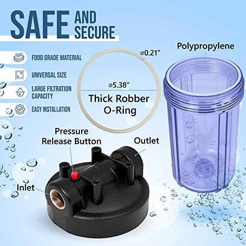High Capacity 10 x 4.5-Inches Transparent Whole House Water Filter Purifier System with Presser Relief Button, 1” Inlet/Outlet Brass Port & Yearly Supply (4) Polypropylene Sediment Cartridges 5 Micron - Image 2