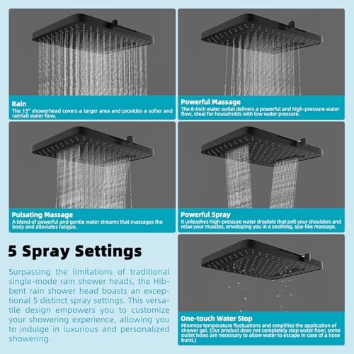 Hibbent Rain Filtered Shower Head, 13'' High Pressure Rainfall 5 Modes Showerhead with 16" Shower Head Extension Arm, Solid Brass Adjustable Shower Arm Extender, 20 Stage Shower Filter, Matte Black - Image 2