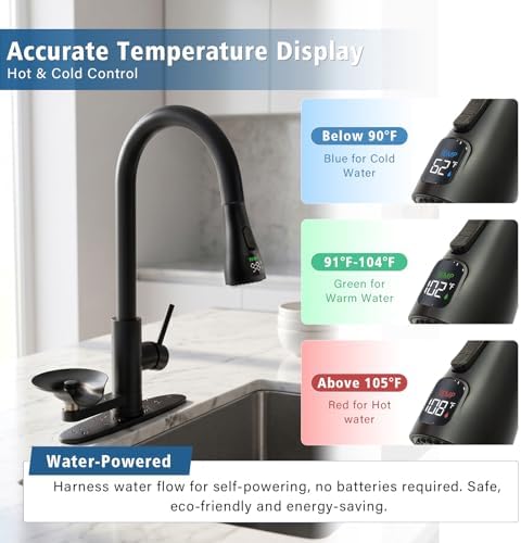 Kitchen Sink Faucet Sprayer Head Replacement, LED Temperature Sensitive Display Pull Down Pull Out Faucet Nozzle (Matte Black) - Image 2