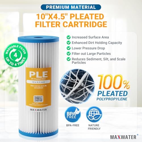 Max Water 5 Micron Pleated Sediment Water Filter 10 x 4.5 Whole House Water Filter Replacement Cartridge For Well Water Compatible with R50-BBSA, FXHSC, CB1-SED10-BB, WFHDC3001, W50PEHD, 4 Pack - Image 3