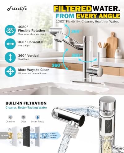 Frizzlife MF1080-S Bathroom Sink Faucet and Kitchen Sink Faucet, Built-in Carbon Block Filter, NSF/ANSI 372 Certified, 1080° Rotatable, Single Hole Single Handle, Stream/Spray, 304 Stainless Steel - Image 2