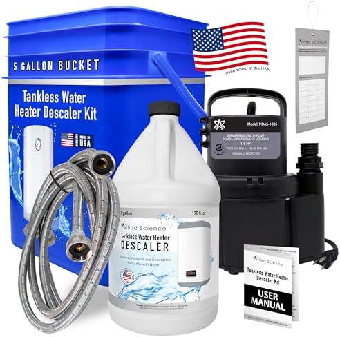 Allied Science Tankless Water Heater Flushing Kit with Square 5-Gallon Bucket, Steel Hoses, 1/6 HP Pump, and Gallon Eco-Friendly Descaler by AlliedScience