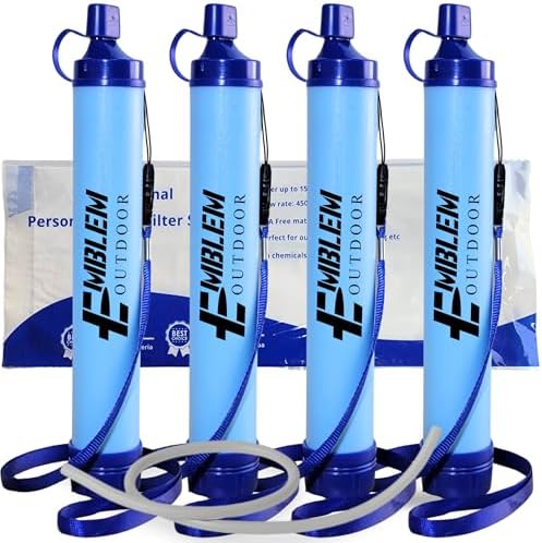 Portable Water Filter Straw, 4 Survival Water Straws to Purify Water When Camping, Hiking, Emergency & Disaster – 0.1 Micron Personal Water Filter | BPA-Free Hollow Fiber Emergency Water Filtration by EmblemOutdoor