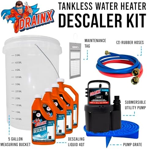 DrainX Tankless Water Heater Flush Kit Includes 4 Quarts of Eco Friendly and Powerful Liquid Descaling Solution for 4 Uses, 5 Gallon Bucket and 1/6HP Extra Strength Pump - Image 2