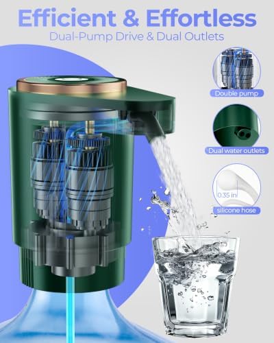 Water Jug Pump for 5 Gallon Bottle – Portable Electric USB-C Charging Dispenser, Dual Powerful Motors, Fast Flow, Fits 2-5 Gallon Jugs – Ideal for Home, Office, Camping, RV, Dark Green - Image 4
