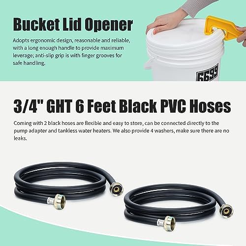 Tankless Water Heater Descaling Flush Kit Includes Submersible Utility Pump with Adapters 3 Gallons Pail with Bucket Lid Opener and Two 3/4" GHT X 6FT PVC Black Hoses Easy Installation to Clean - Image 5