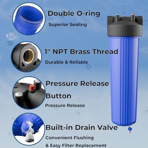 3-Stage Whole House Water Filter System, 20x4.5 Inch, Includes 2 Sets of PP, CTO & PFAS Carbon Block, 1" NPT Brass Ports, Drain Valves, Wrench & Install Kit - Image 7