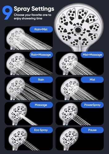 Shower Head with Handheld High Pressure, Rain Shower Head with Fixed Showerhead and 9 Sprays Handheld Shower, Detachable 2-IN-1 Shower head with 59" Rotatable Stainless Steel Hose (Chrome) - Image 2