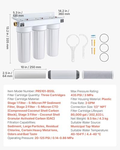 VEVOR RV Water Filter System, 5-Micron 3 Stage Premium RV Water Filtration System Replacement with Three Cartridges for RVs & Campers, Reduces Sediment, Chlorine, Certain Heavy Metals, Odors and More - Image 7