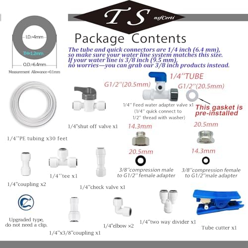 NSF 1/4" inch Water Line Tubing and Push to Connect Fittings for Reverse Osmosis Water Filter RO fittings (Feed water adapter Kits), 11 pcs connetors+30 feet 1/4" O.D. (6.4mm) water tubing. - Image 2
