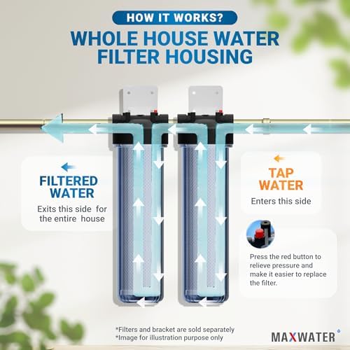 Max Water Whole House 20" x4.5" Purple Clear WH Water Filter Housing 1 inch Inlet/Outlet Ports with Wrench and Bracket (2 Housing) - Image 6