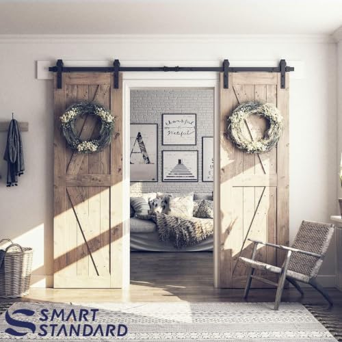 SMARTSTANDARD 8.2FT Double Barn Door Hardware Kit, Sliding Door Track-Smoothly and Quietly -Includes Detailed Installation Fit 24" Wide Door Panel(J Shape Hanger) Black - Image 3