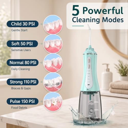 MOCEL Water Dental Flosser for Teeth - 350ML Large Tank 5 Modes & 6 Tips Cordless, Oral Irrigator Waterproof, Portable Teeth Cleaning and Flossing with Effective Plaque Remover for Adults (Green) - Image 4