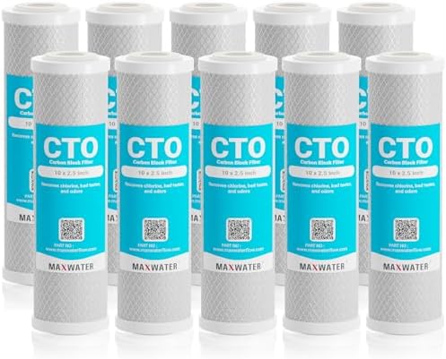 Max Water 5 Micron 10 x 2.5 Whole House CTO Carbon Sediment Water Filter Cartridge Compatible with DuPont WFPFC8002, WHEF-WHWC, WHCF-WHWC, FXWTC, SCWH-5, CTO10, 10-Pack by MaxWater