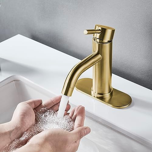 Single Hole Bathroom Sink Faucet Brushed Gold, Modern Single Handle Bathroom Faucet Commercial Stainless Steel Basin Faucet with Drain - Image 2
