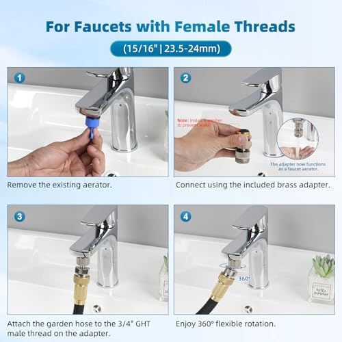Hibbent Swivel Faucet Adapter Kit, Solid Brass 3/4" Garden Hose Connector, 360 Degree Kitchen Sink Faucet Adapter for Female & Male to Male, Brushed Nickel - Image 4