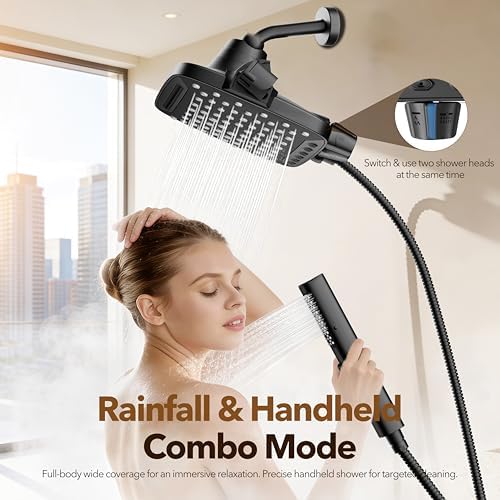 JDO High Pressure Rain Shower Head with Handheld Spray Matte Black - Image 2