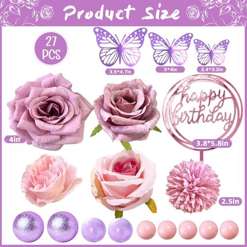 Flower Cake Toppers, Happy Birthday Rose Gold Cake Decorations with Artificial Flowers Butterfly Balls for Wedding Baby Shower Birthday Party Supplies (Purple) - Image 2
