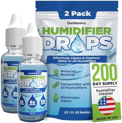 Durabasics [2 Pack] Humidifier Drops for Cleaning - Food Grade Humidifier Cleaner Slows Buildup & Scaling - Cleans & Deodorizes Water - Suitable for All Models - 200+ Day Supply - Made in USA by Durabasics