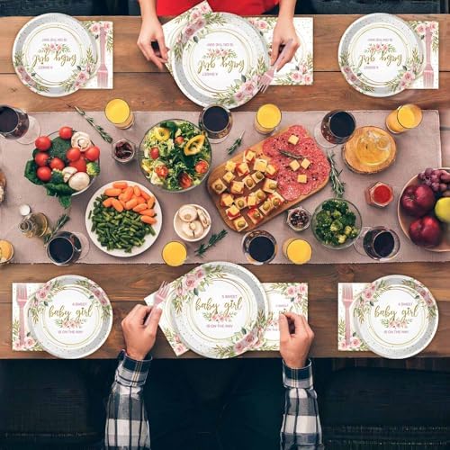 96 Pcs Sweet Baby Girl Party Tableware Set It's a Girl Baby Shower Disposable Paper Plates and Napkins Watercolor Pink Floral Girl Baby Shower Party Supplies for 24 Guests - Image 6
