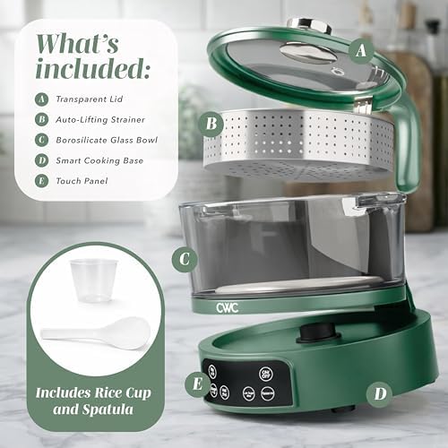COOK WITH COLOR Glass Mini Low Carb Rice Cooker – Holds 2 Cups Raw/Makes 6 Cups Cooked with Auto Lift Filter Basket, Hotpot & Steamer for Rice, Grains, Digital Panel with Keep Warm, Dark Sage - Image 2