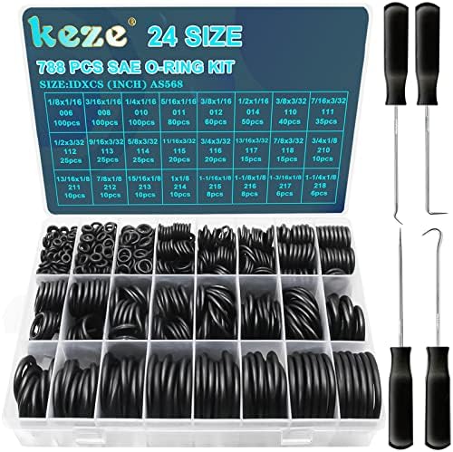 KEZE 788 Pcs SAE Rubber O Ring Assortment Kit Buna-N 70A 24 Size USA Standard Inch O Rings Set for Assort Faucets Plumbing Hydraulics Hose Repairs with O Ring Hook and Pick by KEZE