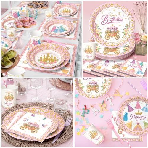 144 Pcs Princess Paper Plates Napkins, Birthday Party Supplies Include Forks Cups Straws, Summer Party Tableware Set for Kids, Serves 24 Guests - Image 6