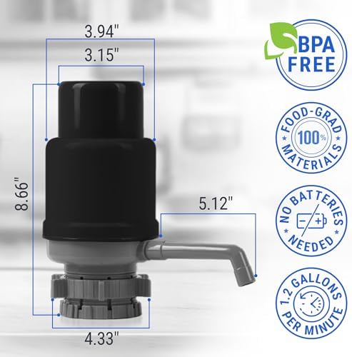 HotFrost Manual Water Pump for 5 Gallon Jug & Bottle – Non-Electric 5 Gallon Water Dispenser, Universal Hand Pump with 3 Adjustable Tubes, 53mm Screw Top Adapter, Spout Cap & Cleaning Brush, BPA-Free - Image 2
