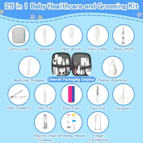Baby Grooming Kit for Boys Girls Safety Newborn Nursery Essentials Grooming Set Gift for First-time Parents, Grey White 25 in 1 - Image 2