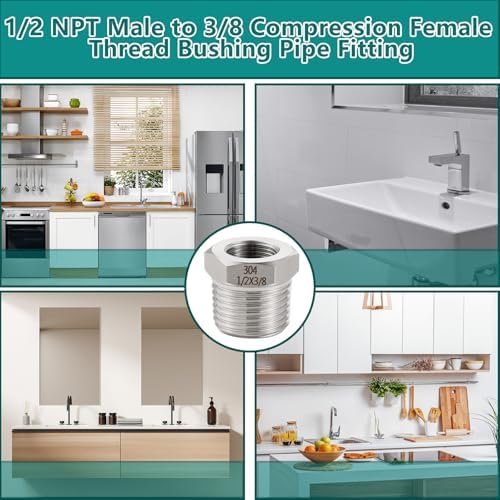1/2 NPT Male to 3/8 Compression Female Thread Bushing Pipe Fitting（Lead-Free）,304 stainless steel Water Line Adapter, Supply Line Adapter for Kitchen Bathroom Plumbing - Image 7